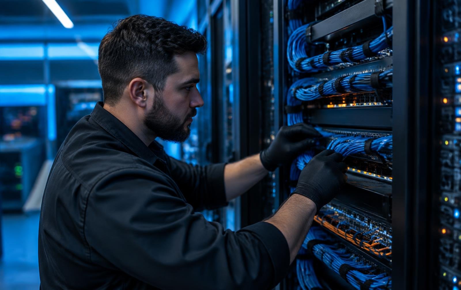 Técnico organizando cabos de rede em um rack de servidores
